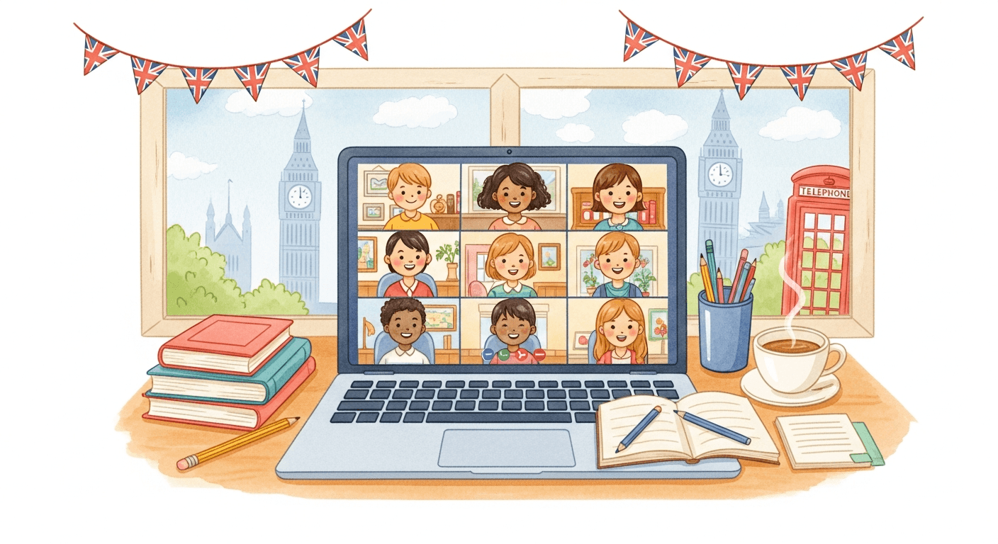 Diverse children learning British English in a classroom
