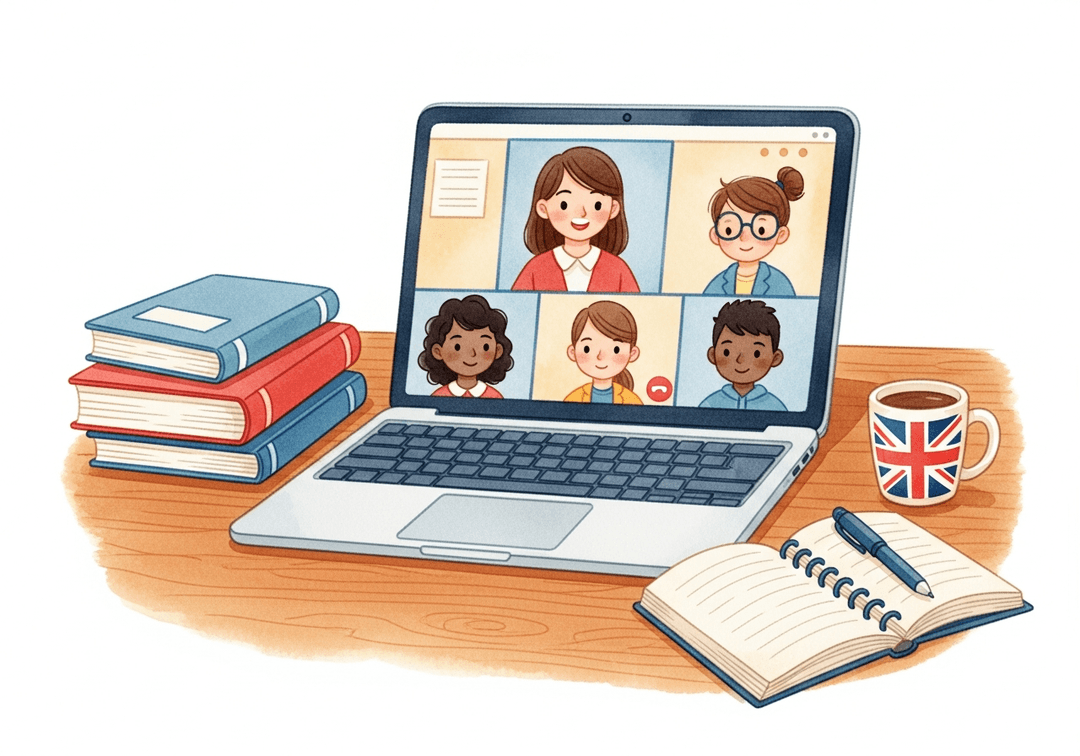 Teacher and students in a live online English lesson